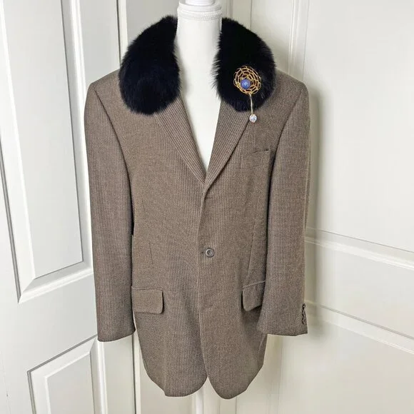 Vintage Wool Blazer w/ Detachable Mobwife Collar & Handmade Brooch, Oversized/XL - Picture 3 of 7